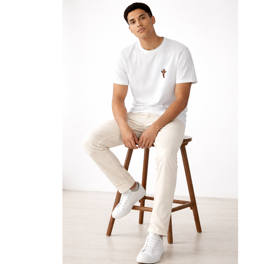 White French Terry T-Shirt with Giraffe Embroidery