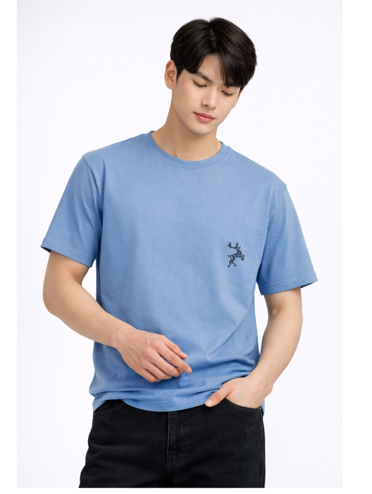Dusty Blue Regular Fir T-shirt - Minimal Deer Embroidery