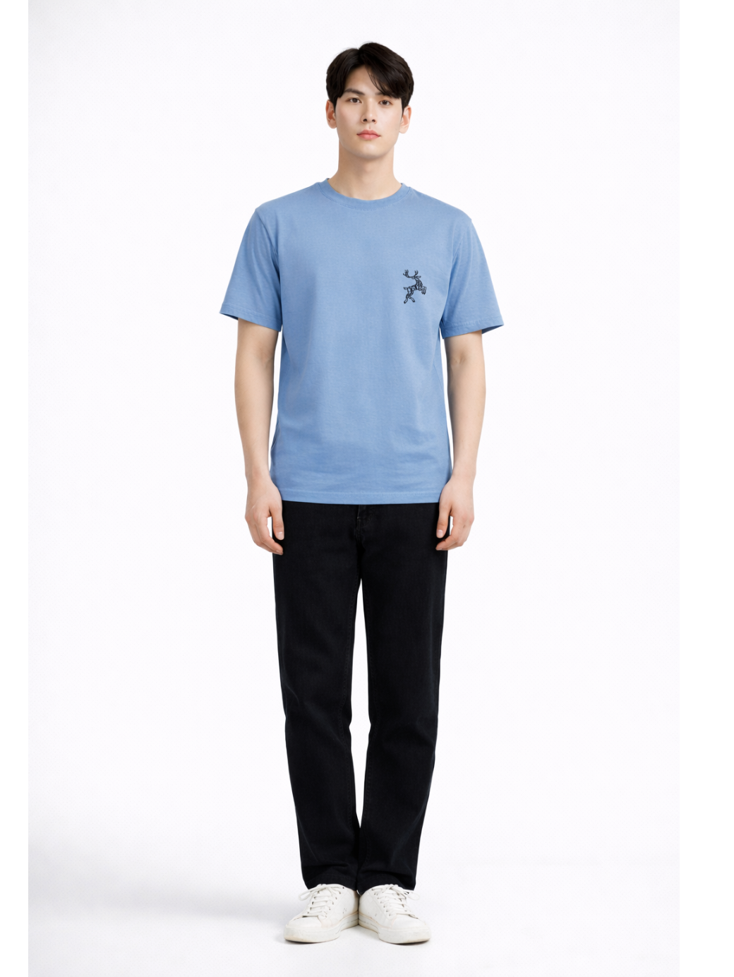 Dusty Blue Regular Fir T-shirt - Minimal Deer Embroidery