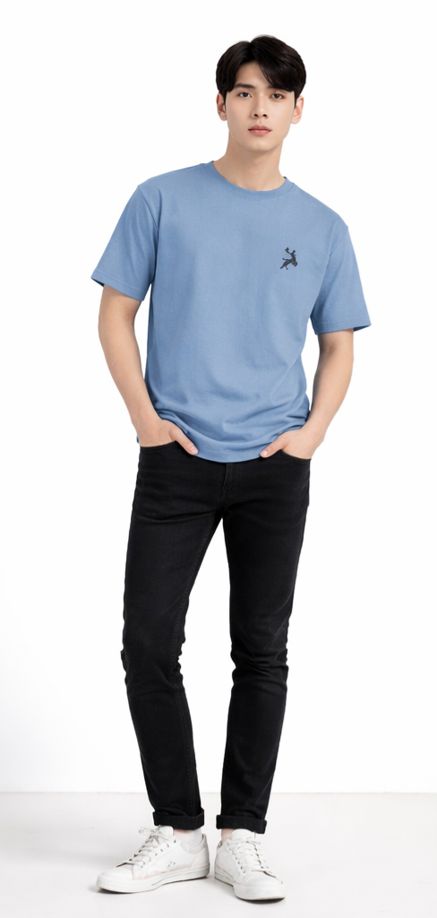 Dusty Blue Regular Fir T-shirt - Minimal Deer Embroidery