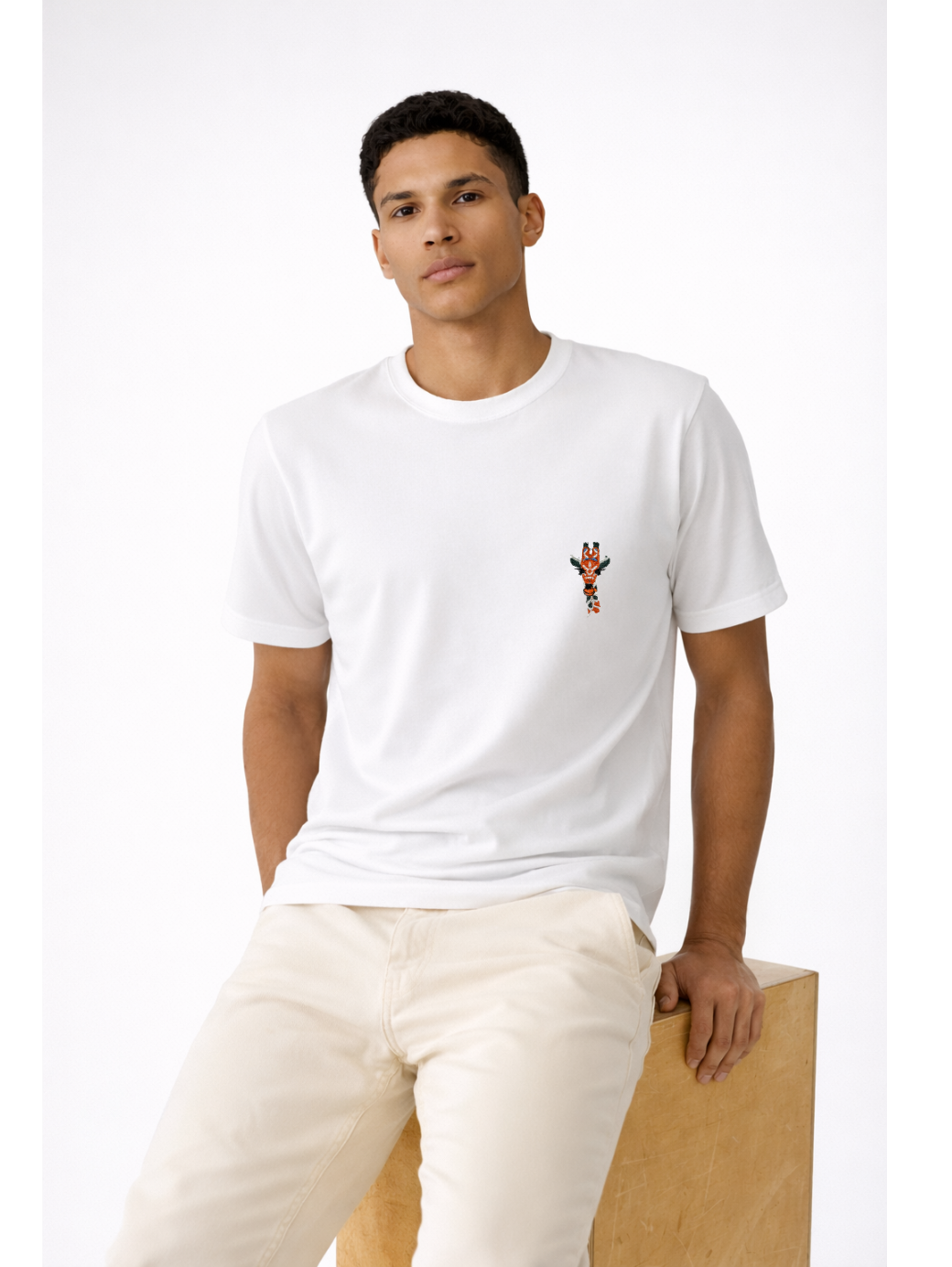 White French Terry T-Shirt with Giraffe Embroidery