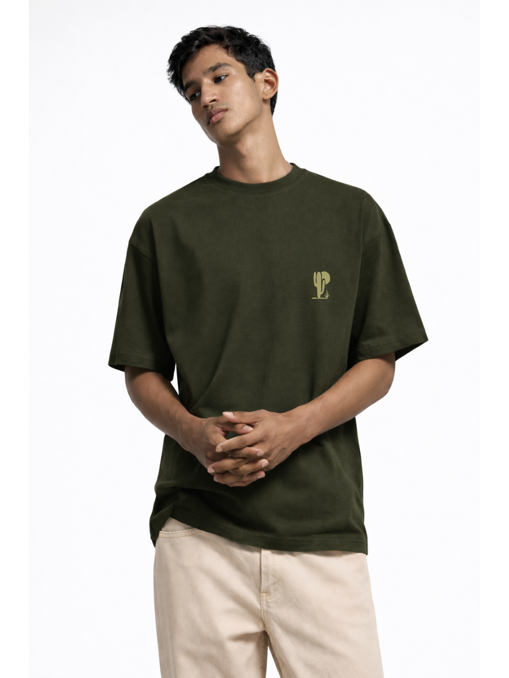 Olive Green Oversized Puff Print Tee — Minimal Cactus