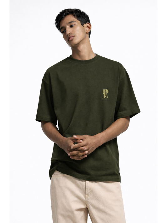 Olive Green Oversized Puff Print Tee — Minimal Cactus